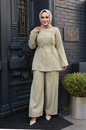 Düğmeli Açık Haki Tesettür İkili Takım 30431AHK