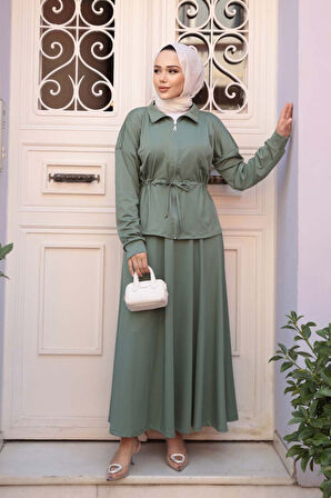 Etekli Çağla Yeşili Tesettür İkili Takım 13251CY