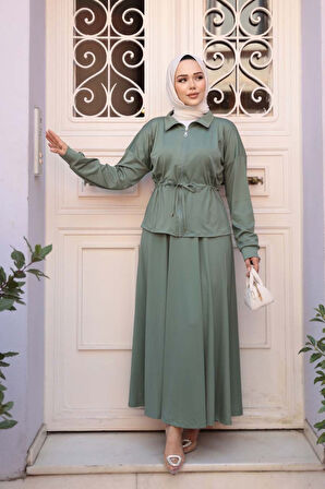 Etekli Çağla Yeşili Tesettür İkili Takım 13251CY