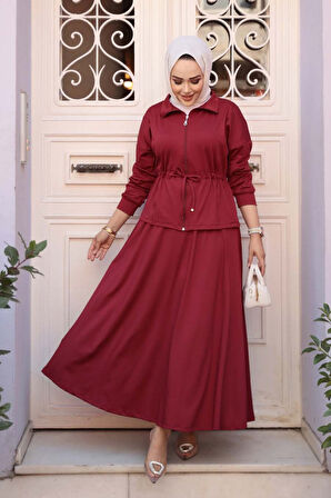 Etekli Bordo Tesettür İkili Takım 13251BR