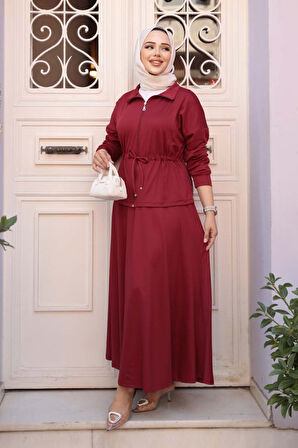 Etekli Bordo Tesettür İkili Takım 13251BR