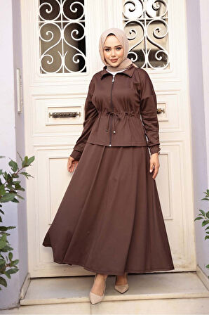 Etekli Koyu Kahverengi Tesettür İkili Takım 13251KKH