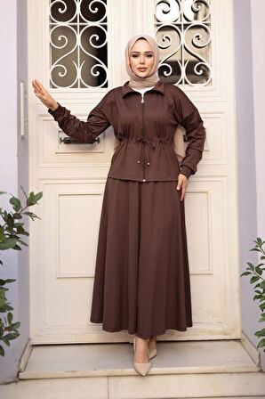 Etekli Koyu Kahverengi Tesettür İkili Takım 13251KKH