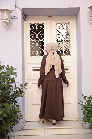 Etekli Koyu Kahverengi Tesettür İkili Takım 13251KKH