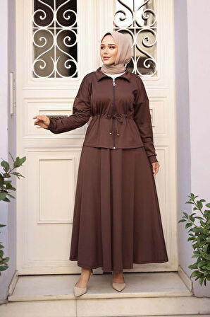 Etekli Koyu Kahverengi Tesettür İkili Takım 13251KKH