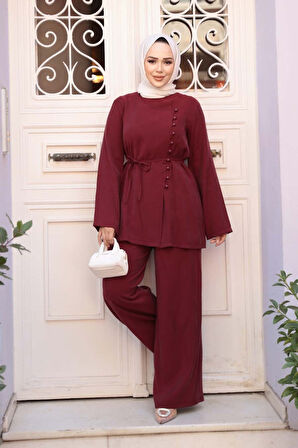Düğmeli Bordo Tesettür İkili Takım 30431BR
