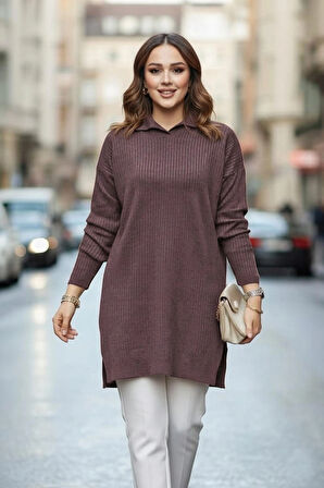 Fitilli Koyu Lila Tesettür Triko Tunik 65903KLILA