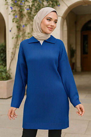 Fitilli Sax Mavisi Tesettür Triko Tunik 65903SX