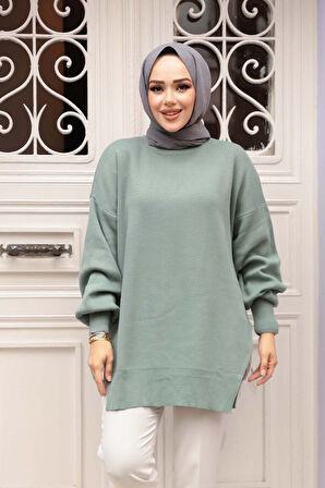 Zincir Detaylı Mint Tesettür Triko Kazak Tunik 17202MINT