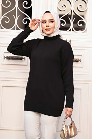 Siyah Tesettür Triko Kazak Tunik 5374S