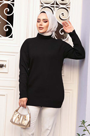Siyah Tesettür Triko Kazak Tunik 5374S