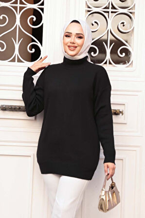 Siyah Tesettür Triko Kazak Tunik 5374S