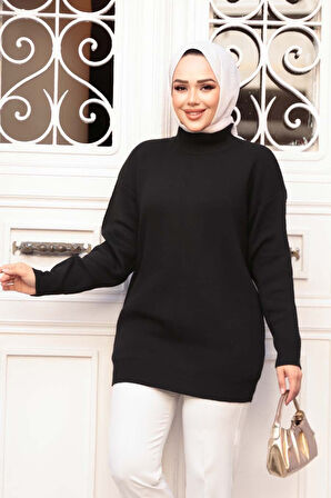 Siyah Tesettür Triko Kazak Tunik 5374S
