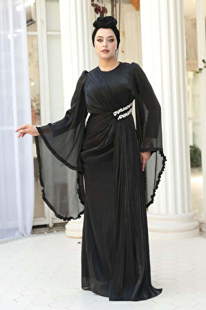 - Volan Kollu Siyah Tesettür Abiye Elbise 5322S