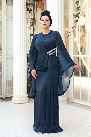 Volan Kollu Lacivert Tesettür Abiye Elbise 5322L