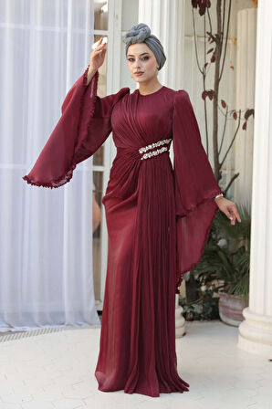 Volan Kollu Bordo Tesettür Abiye Elbise 5322BR