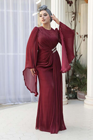 Volan Kollu Bordo Tesettür Abiye Elbise 5322BR