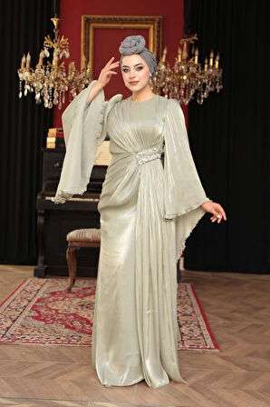 Volan Kollu Mint Tesettür Abiye Elbise 5322MINT