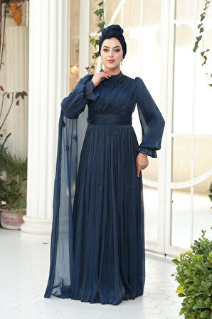 Pelerin Detaylı Lacivert Tesettür Abiye Elbise 5394L