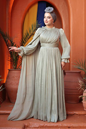 Pelerin Detaylı Mint Tesettür Abiye Elbise 5394MINT