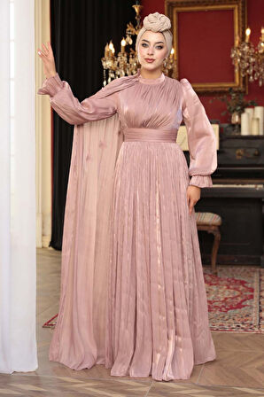 Pelerin Detaylı Somon Tesettür Abiye Elbise 5394SMN