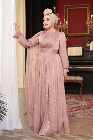 Pelerin Detaylı Somon Tesettür Abiye Elbise 5394SMN