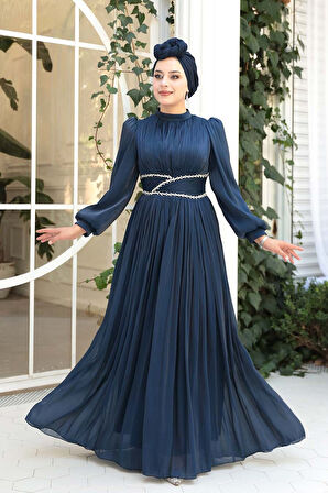 Drape Detaylı Lacivert Tesettür Abiye Elbise 54041L