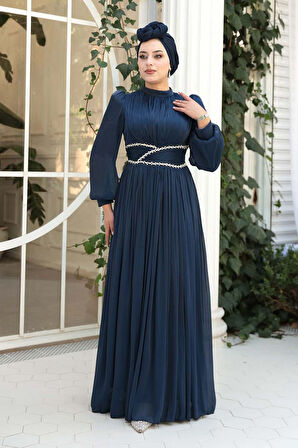 Drape Detaylı Lacivert Tesettür Abiye Elbise 54041L