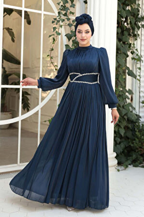 Drape Detaylı Lacivert Tesettür Abiye Elbise 54041L