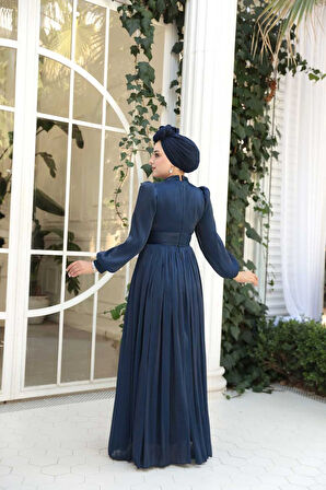 Drape Detaylı Lacivert Tesettür Abiye Elbise 54041L