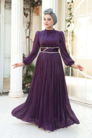 Drape Detaylı Mürdüm Tesettür Abiye Elbise 54041MU