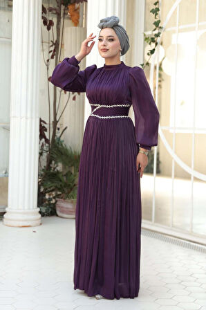 Drape Detaylı Mürdüm Tesettür Abiye Elbise 54041MU