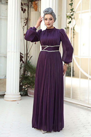 Drape Detaylı Mürdüm Tesettür Abiye Elbise 54041MU