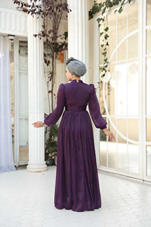 Drape Detaylı Mürdüm Tesettür Abiye Elbise 54041MU