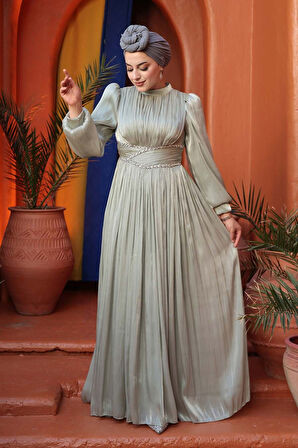 Drape Detaylı Mint Tesettür Abiye Elbise 54041MINT