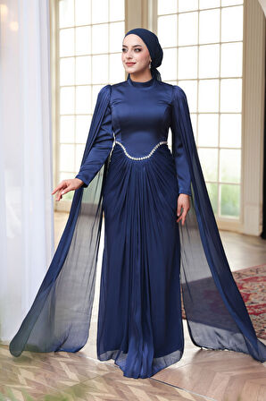 - Pelerinli Lacivert Tesettür Abiye Elbise 5418L