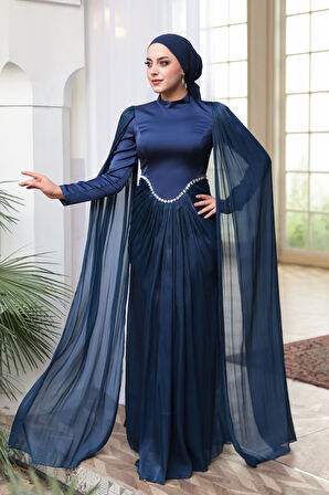 - Pelerinli Lacivert Tesettür Abiye Elbise 5418L