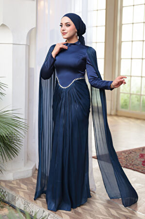 - Pelerinli Lacivert Tesettür Abiye Elbise 5418L