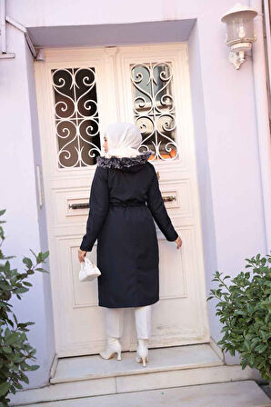Kürklü Kapşonlu Lacivert Tesettür Parka 60650L