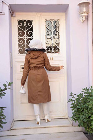 Kürklü Kapşonlu Taba Tesettür Parka 60650TB
