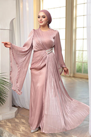 - Volan Kollu Gül Kurusu Tesettür Abiye Elbise 5322GK