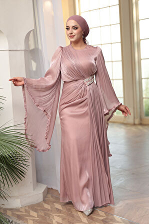 - Volan Kollu Gül Kurusu Tesettür Abiye Elbise 5322GK