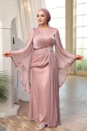 - Volan Kollu Gül Kurusu Tesettür Abiye Elbise 5322GK