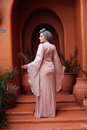 - Volan Kollu Gül Kurusu Tesettür Abiye Elbise 5322GK