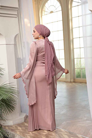- Volan Kollu Pudra Tesettür Abiye Elbise 5322PD