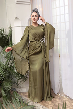 - Volan Kollu Haki Tesettür Abiye Elbise 5322HK