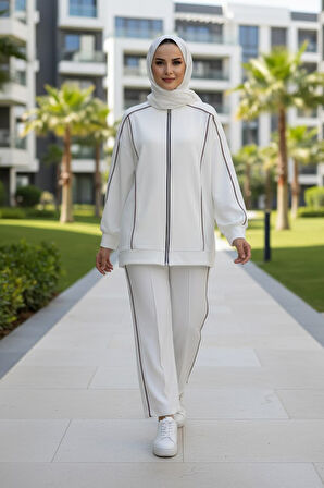 Fermuarlı Ekru Tesettür İkili Takım 13361E