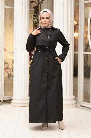 Düğmeli Siyah Tesettür Trençkot 62231S