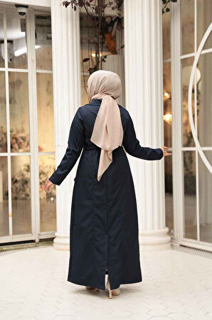 Düğmeli Lacivert Tesettür Trençkot 62231L