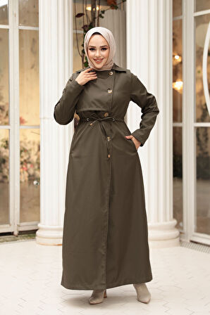 Düğmeli Haki Tesettür Trençkot 62231HK